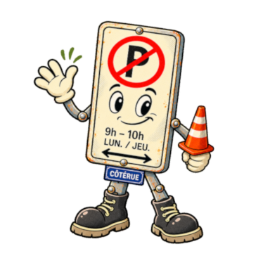 La mascotte CôtéRue, un panneau montréalais avec son cône orange